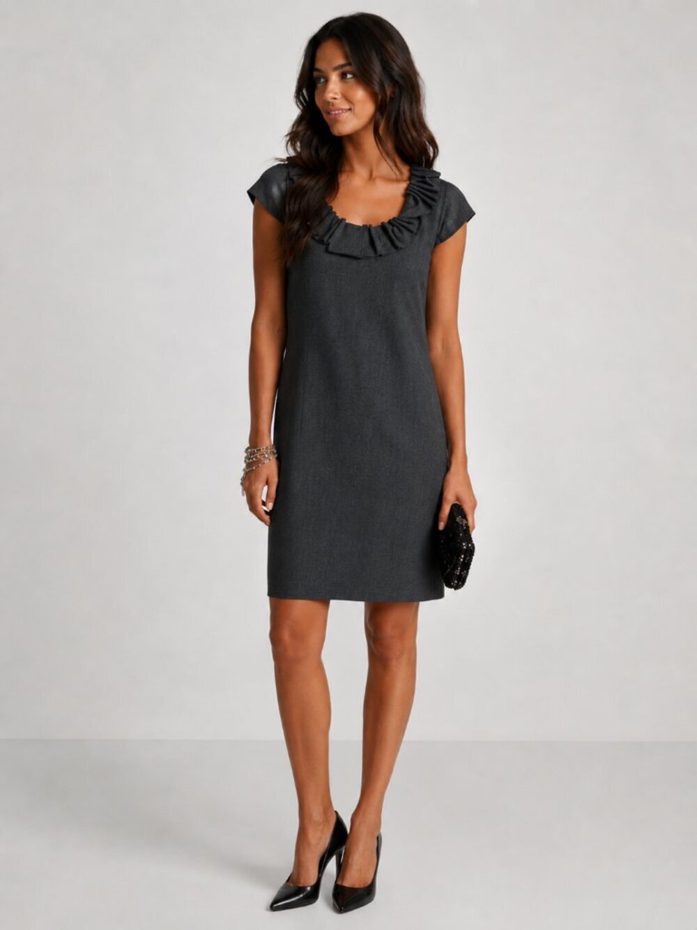 J. Crew Wool Blend Shift Dress Ruffle Neckline Short Sleeve Charcoal Grey Size 8